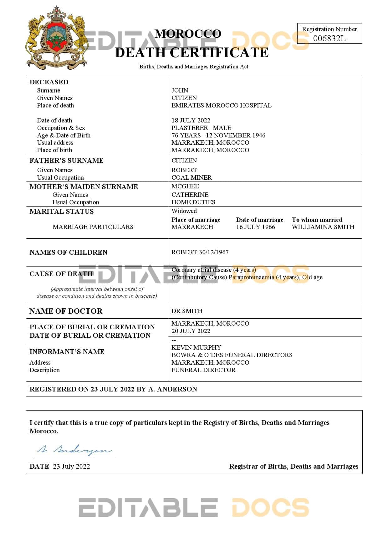Fillable Morocco Death PDF Templates | Blank Docs