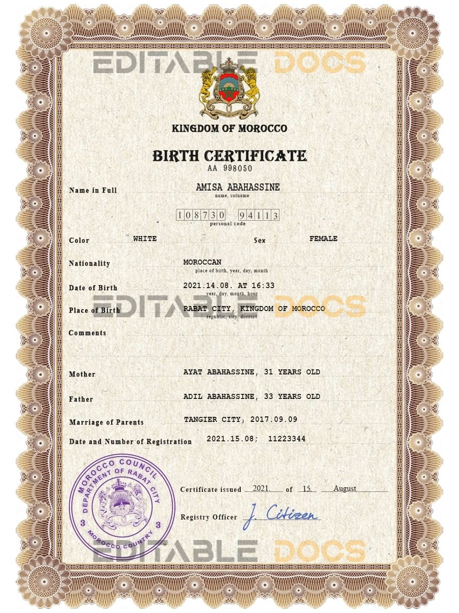 Authentic Morocco Birth Certificate Template | Customize and Download Online