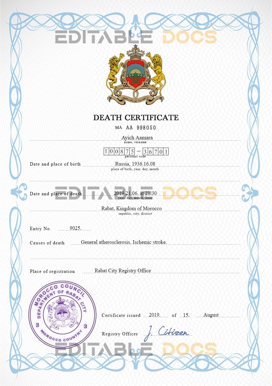 Customizable Morocco Death Certificate PSD Templates | Instant Download