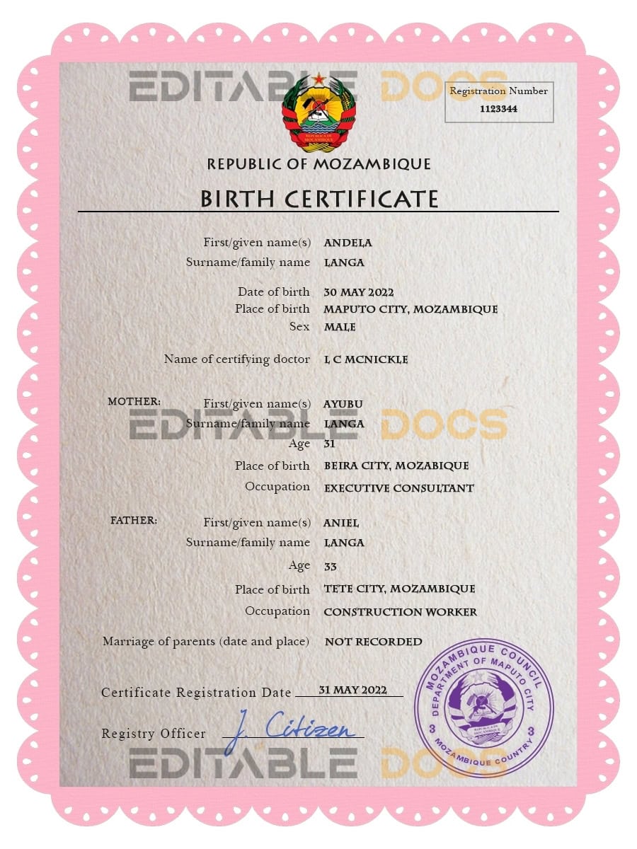 Authentic Mozambique Birth Certificate Template | Customize and Download Online
