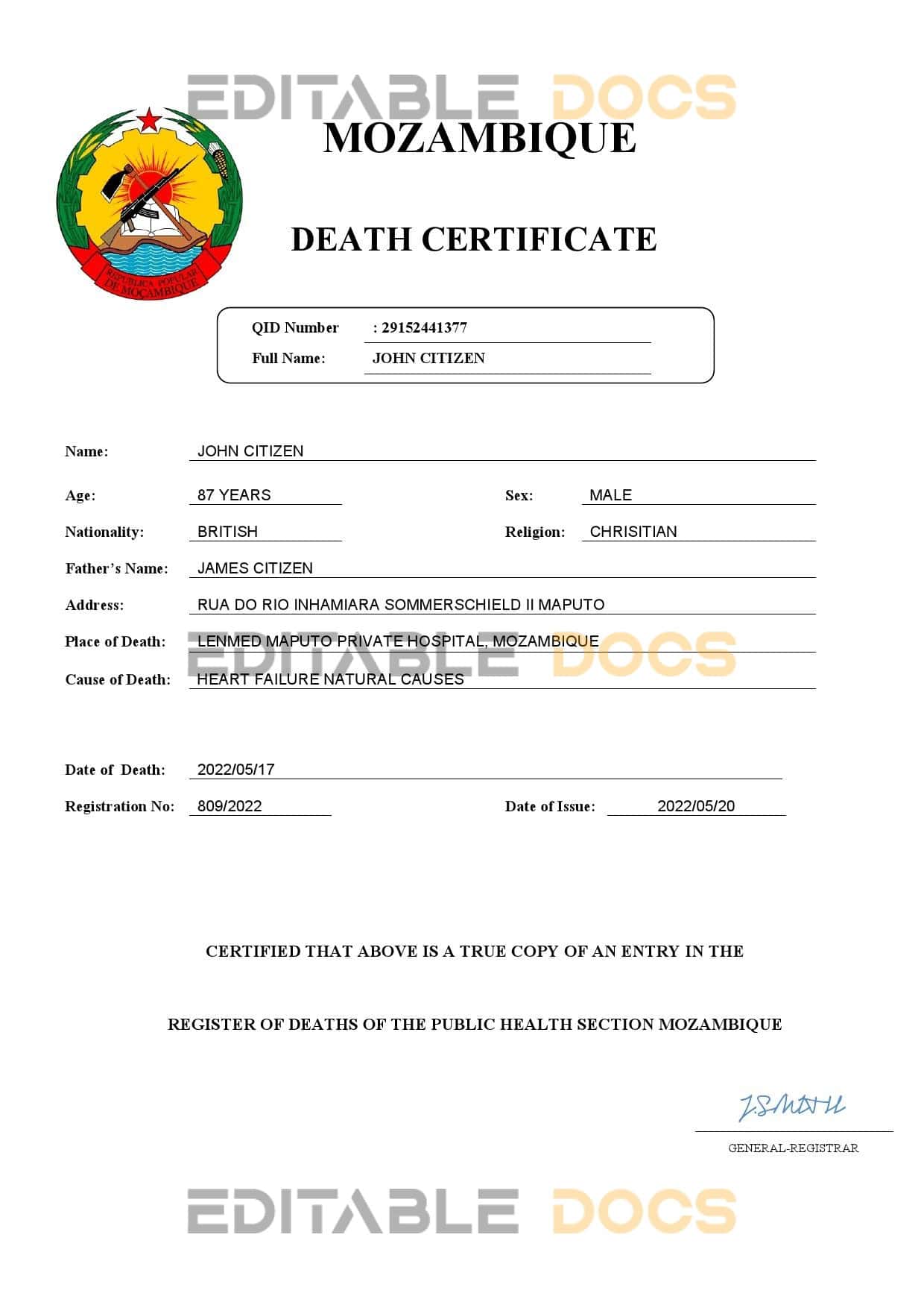 Fillable Mozambique Death PDF Templates | Blank Docs