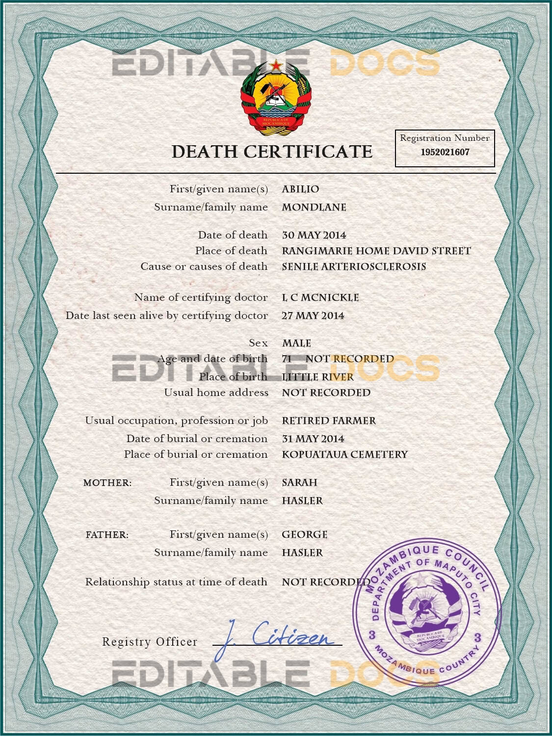 Customizable Mozambique Death Certificate PSD Templates | Instant Download