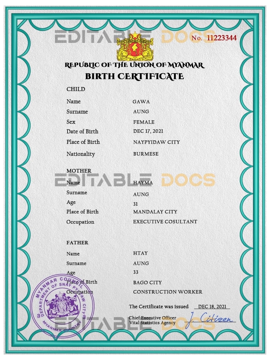 Authentic Myanmar Birth Certificate Template | Customize and Download Online