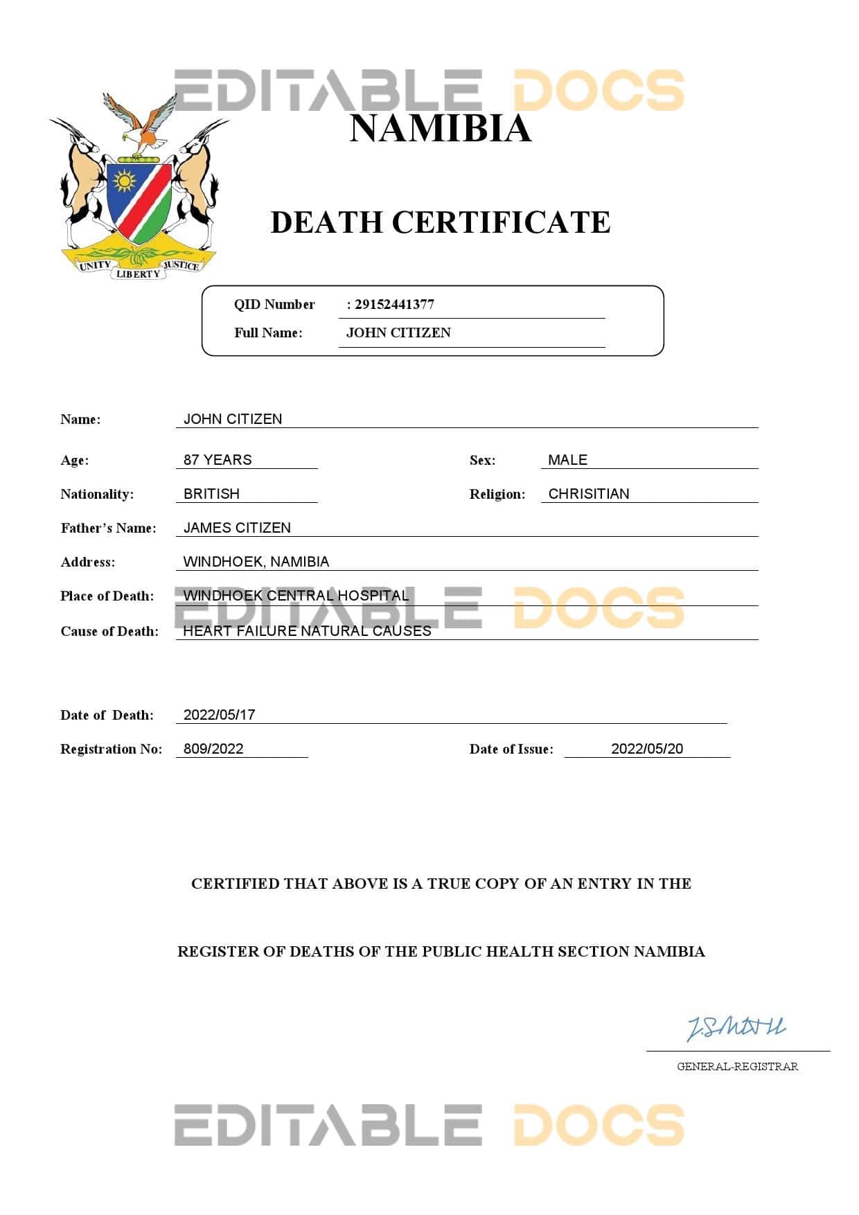 Fillable Namibia Death PDF Templates | Blank Docs