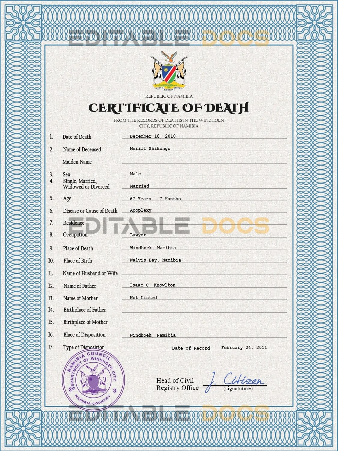 Customizable Namibia Death Certificate PSD Templates | Instant Download