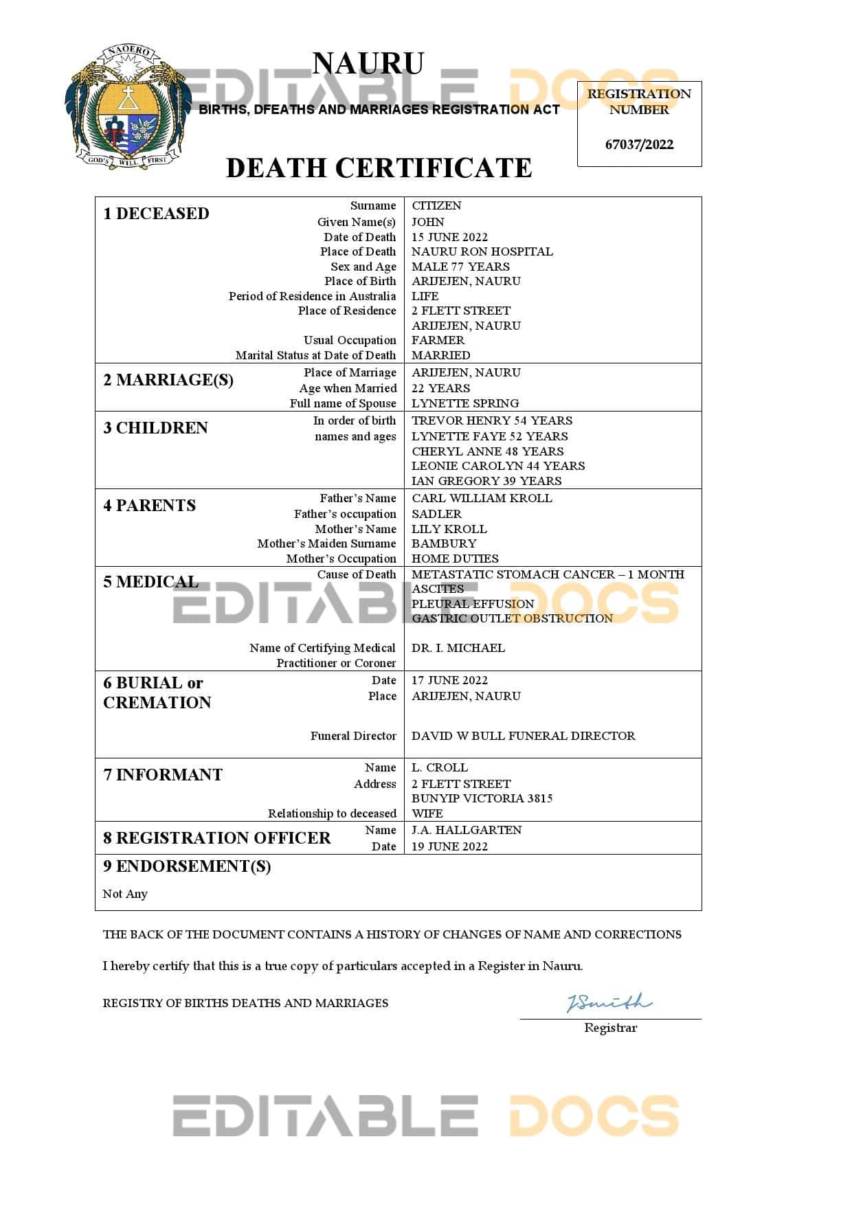 Fillable Nauru Death PDF Templates | Blank Docs