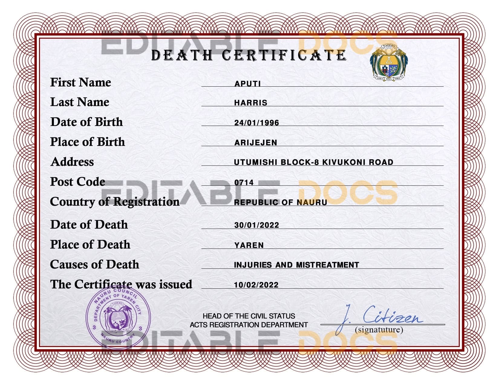 Customizable Nauru Death Certificate PSD Templates | Instant Download