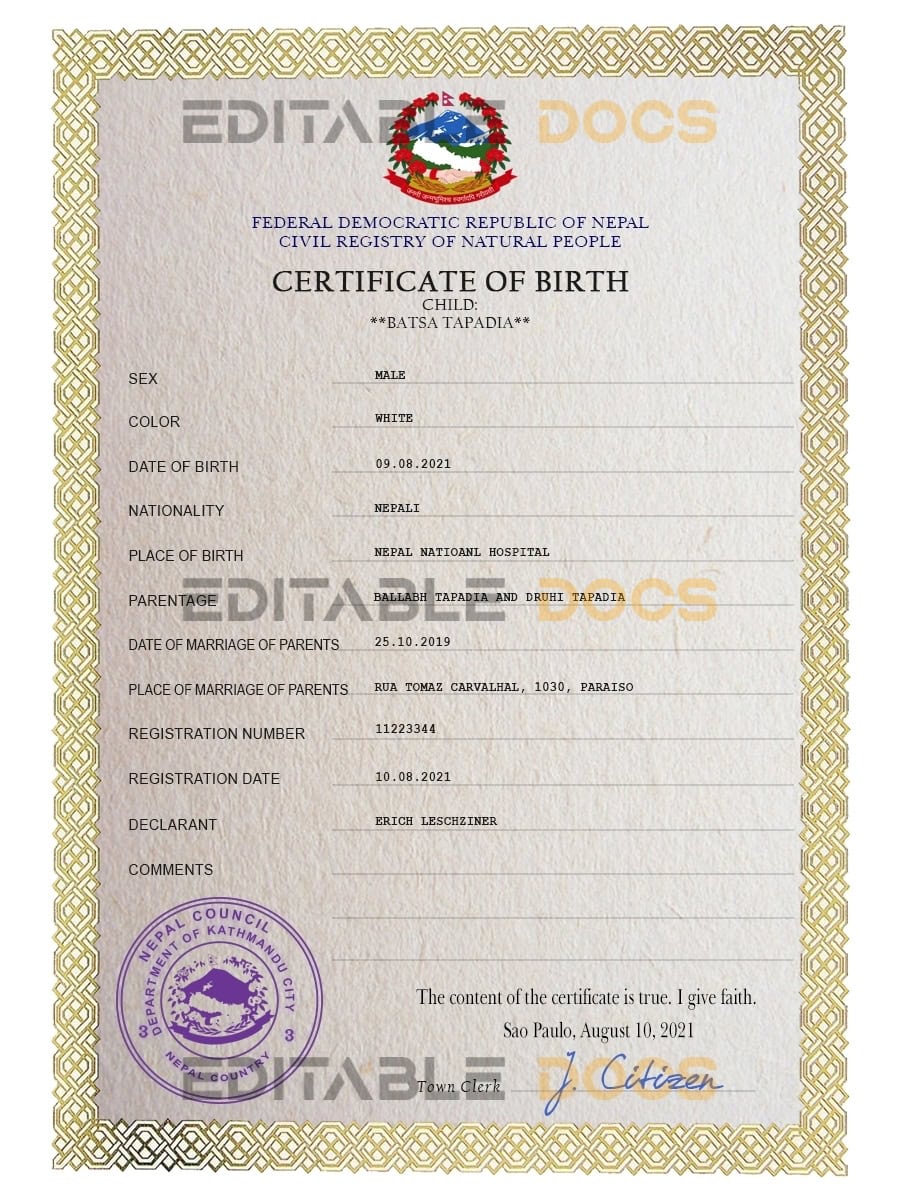 Authentic Nepal Birth Certificate Template | Customize and Download Online