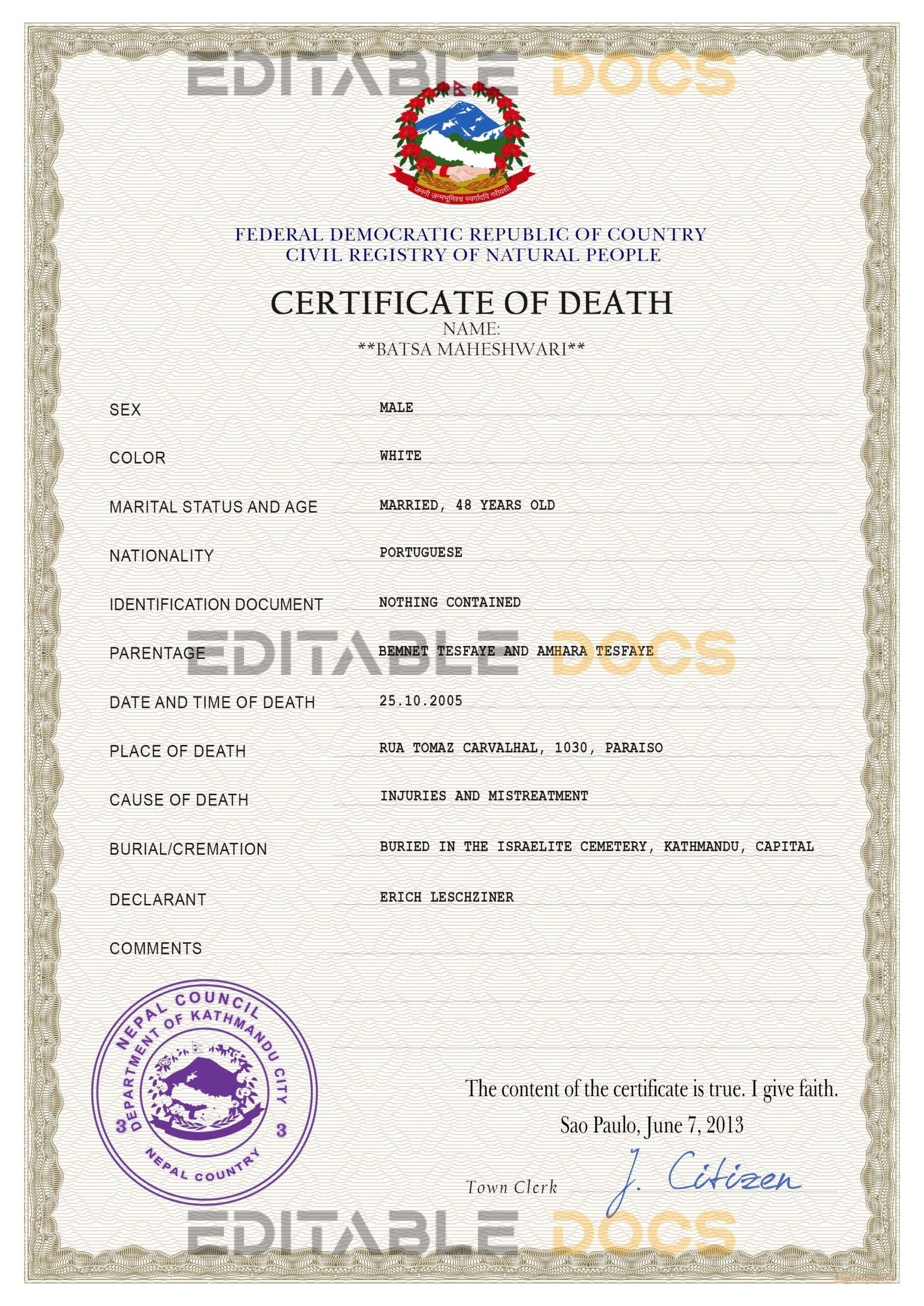 Customizable Nepal Death Certificate PSD Templates | Instant Download