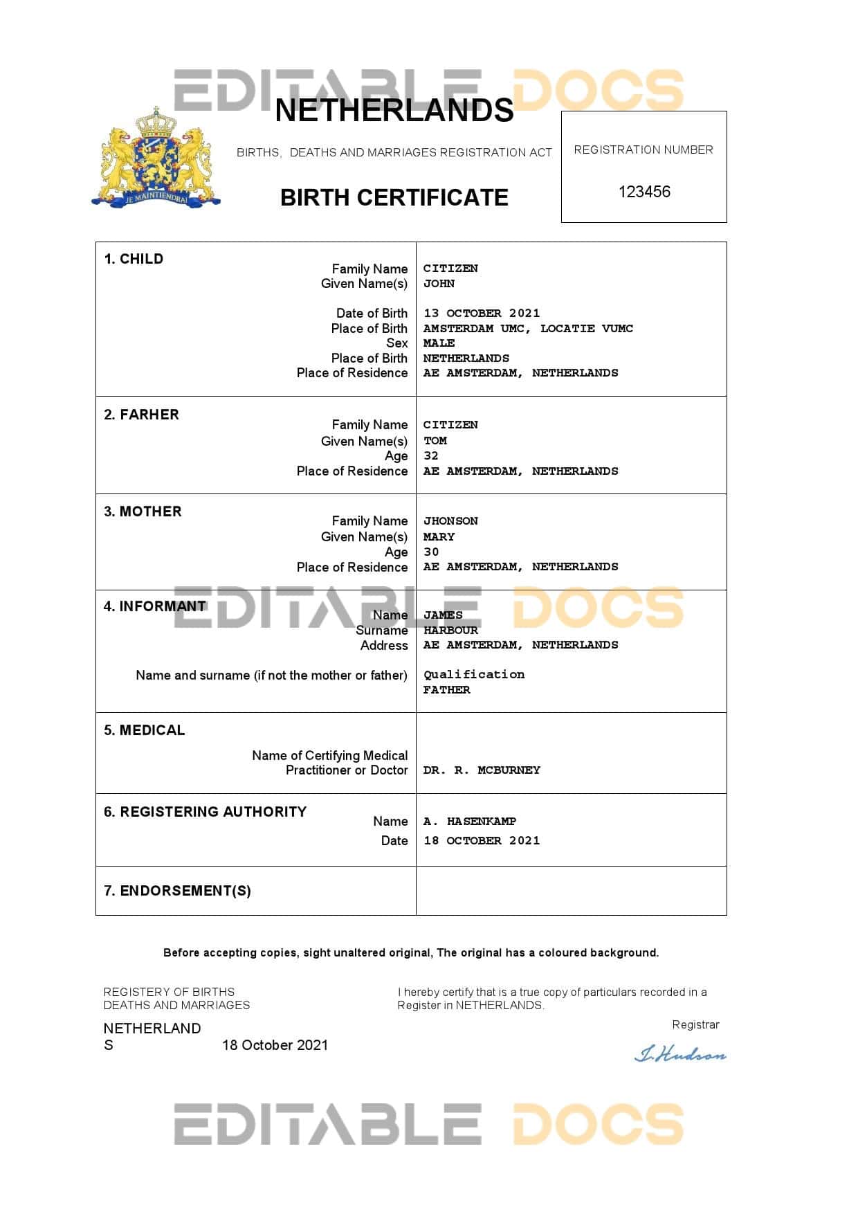 Authentic Netherlands vital record Birth Certificate Template | Customize and Download Online