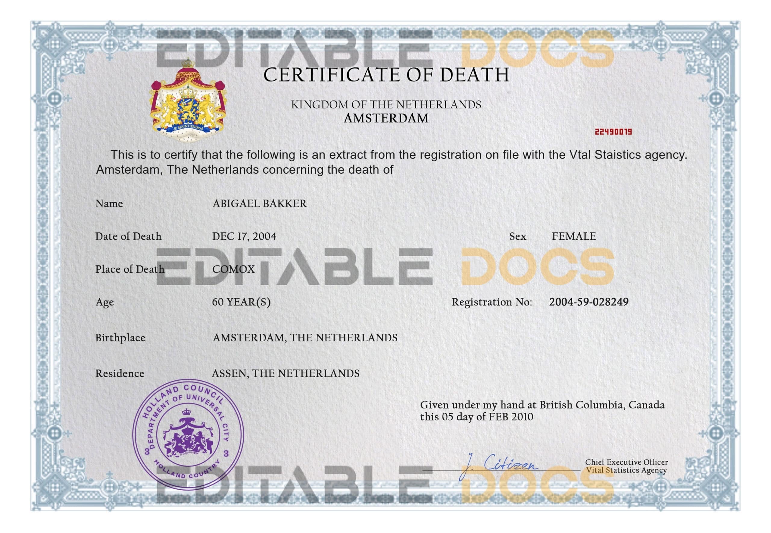 Customizable Netherlands Death Certificate PSD Templates | Instant Download