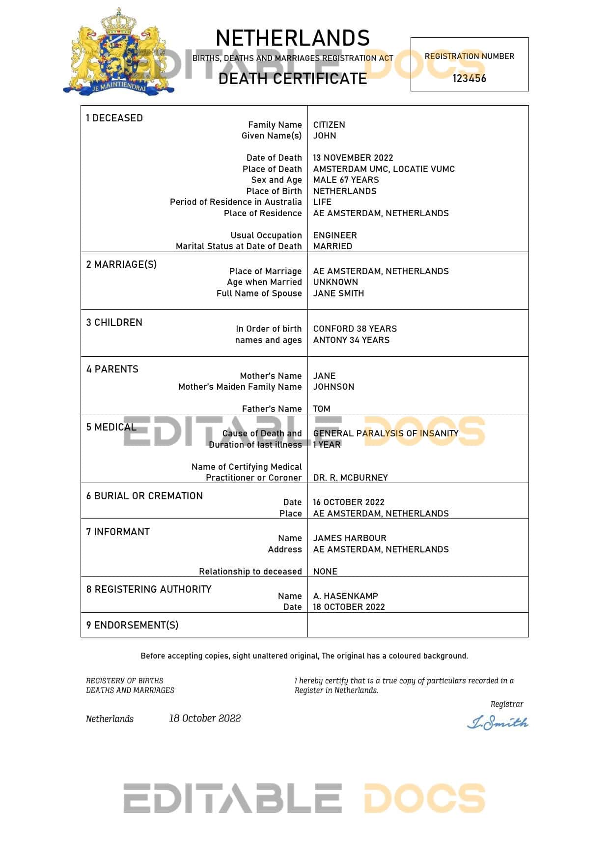 Fillable Netherlands Death PDF Templates | Blank Docs