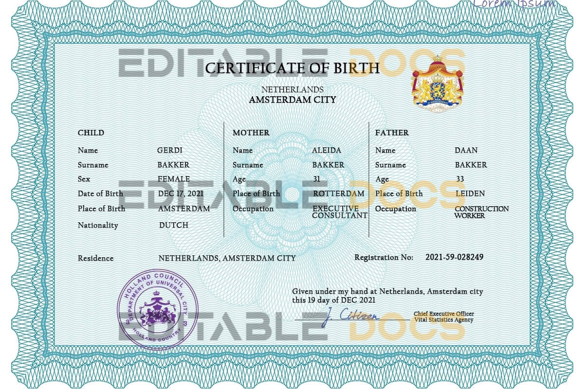 Authentic Netherlands Birth Certificate Template | Customize and Download Online