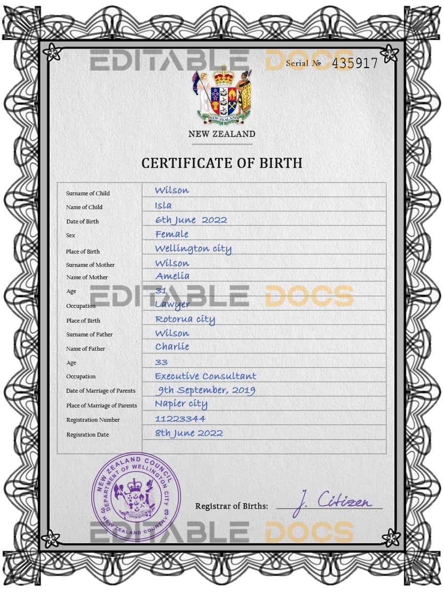 Authentic New Zealand Birth Certificate Template | Customize and Download Online