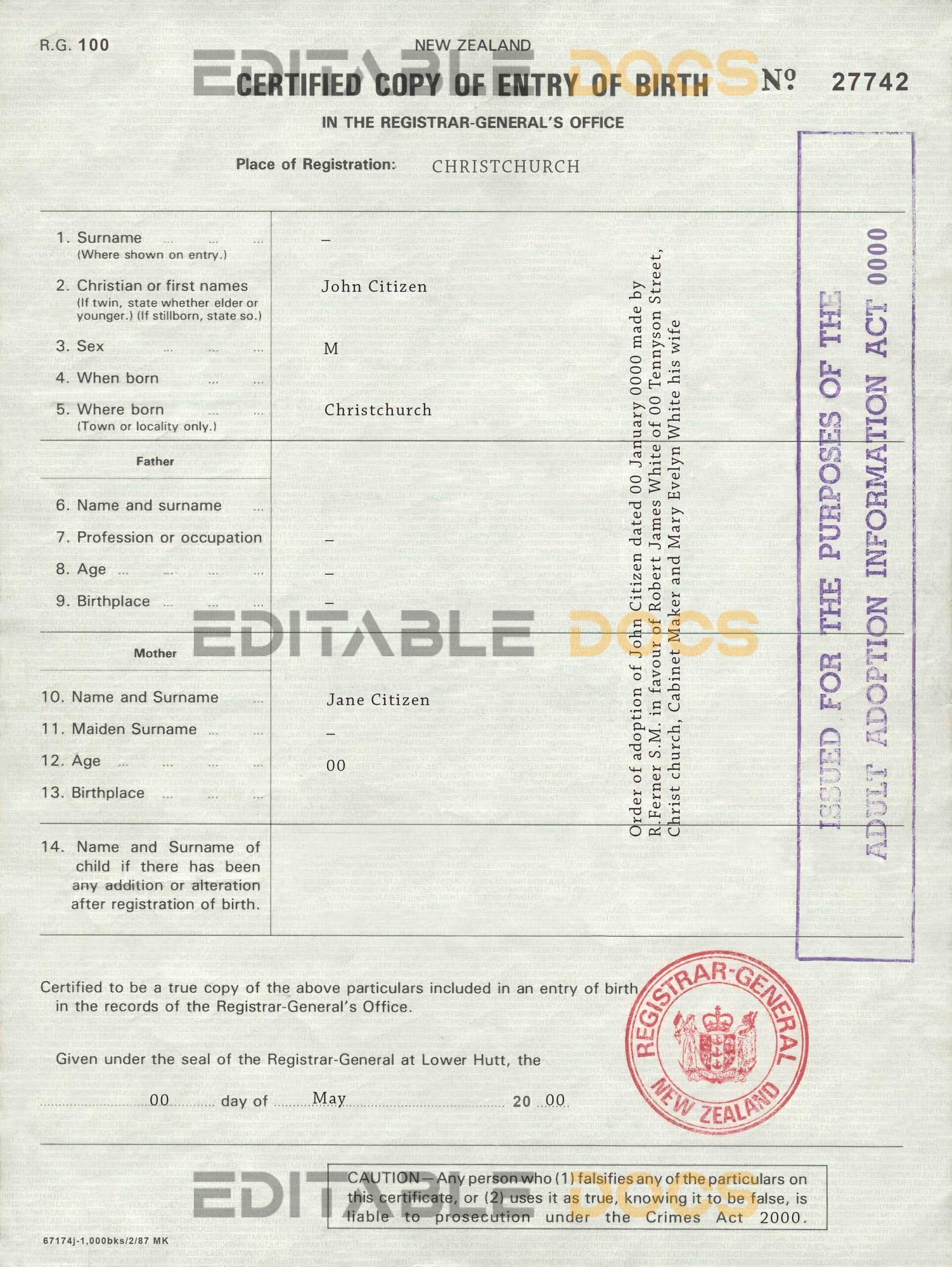 Authentic New Zealand Birth Certificate Template | Customize and Download Online