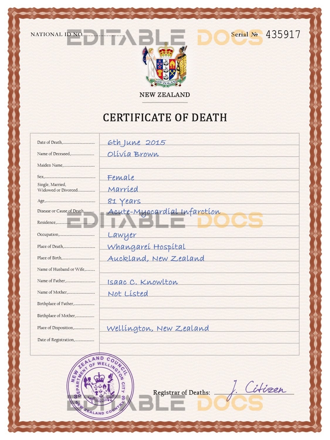 Customizable New Zealand Death Certificate PSD Templates | Instant Download