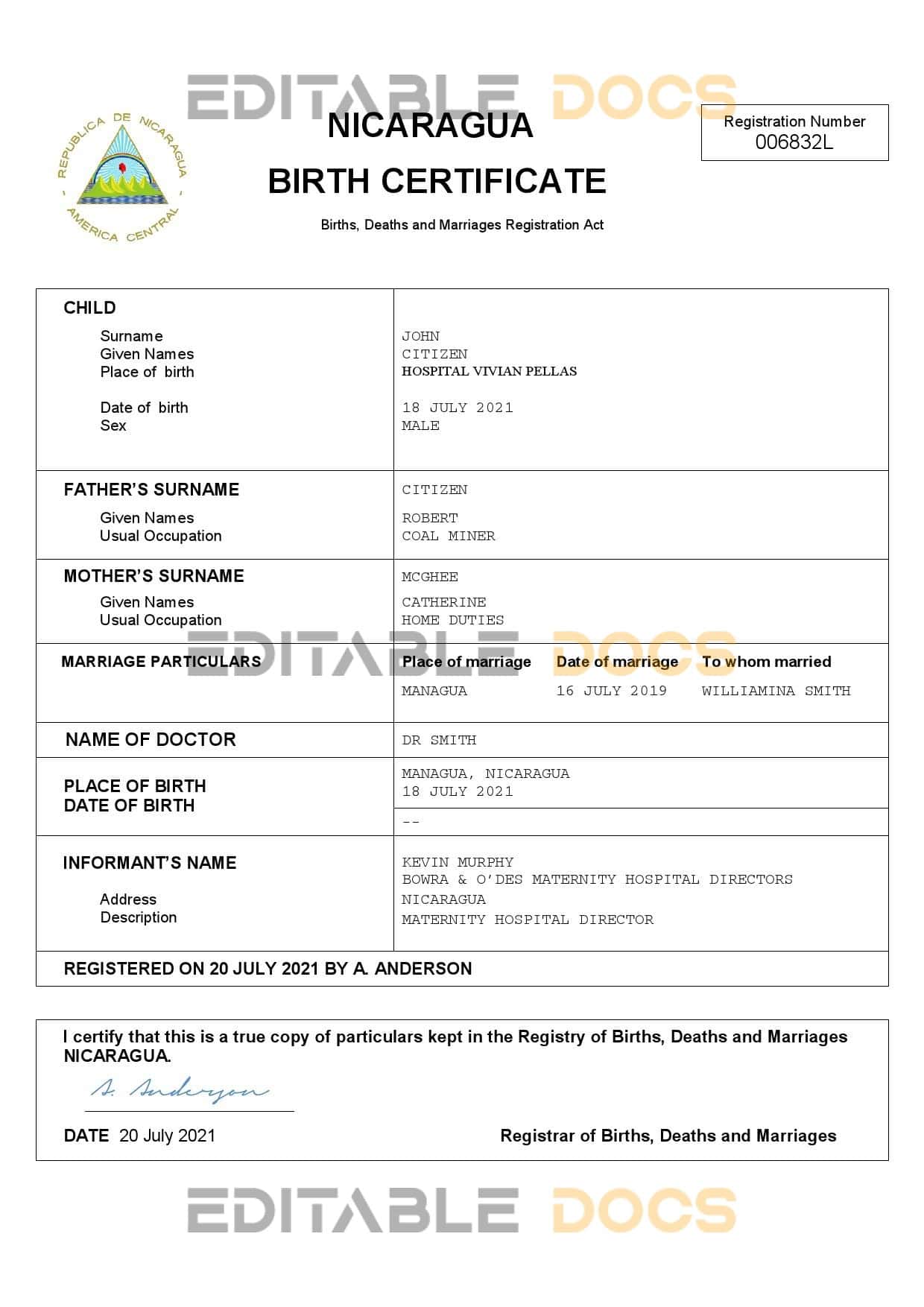 Authentic Nicaragua vital record Birth Certificate Template | Customize and Download Online