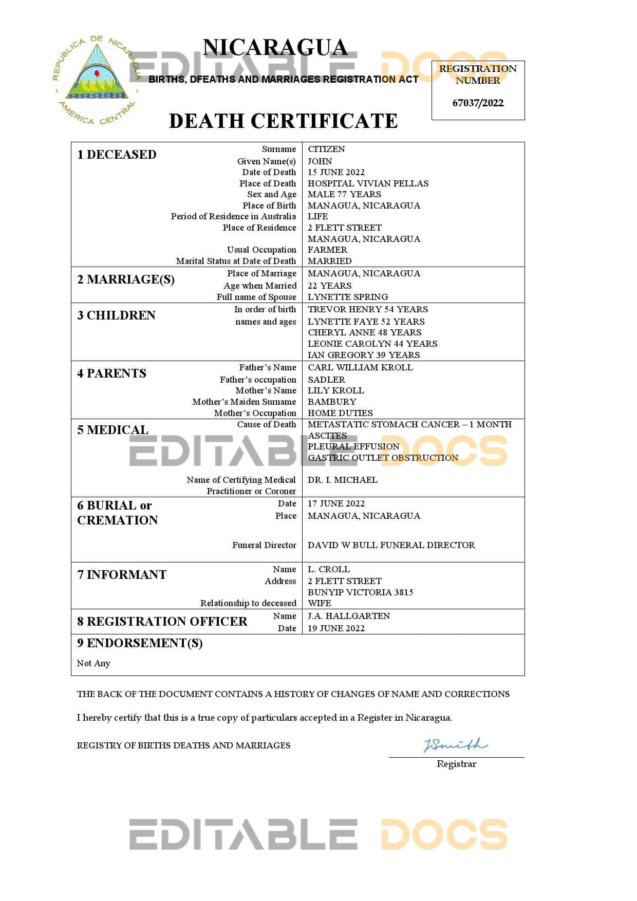 Fillable Nicaragua Death PDF Templates | Blank Docs