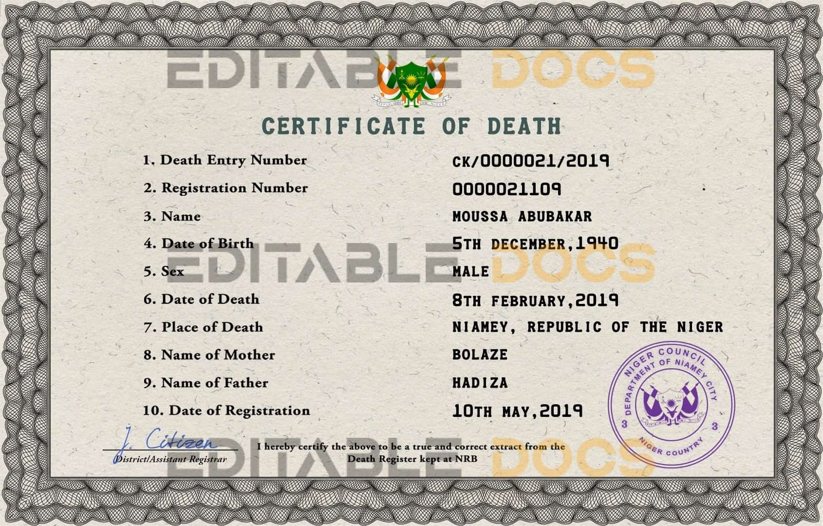 Customizable Niger Death Certificate PSD Templates | Instant Download