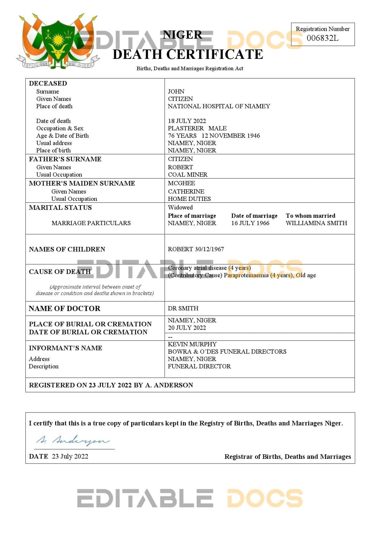 Fillable Niger Death PDF Templates | Blank Docs