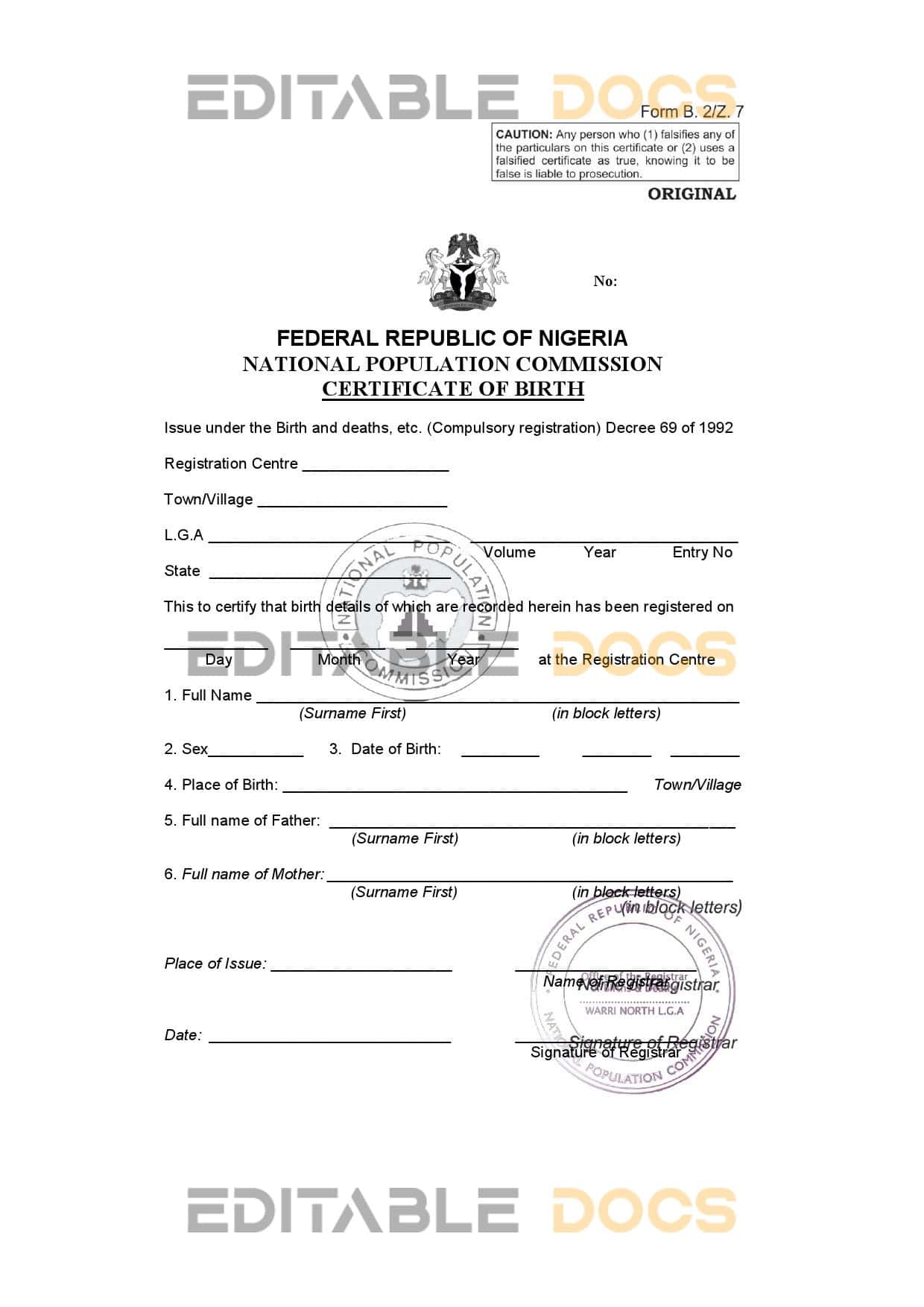 Authentic Nigeria Birth Certificate Template | Customize and Download Online