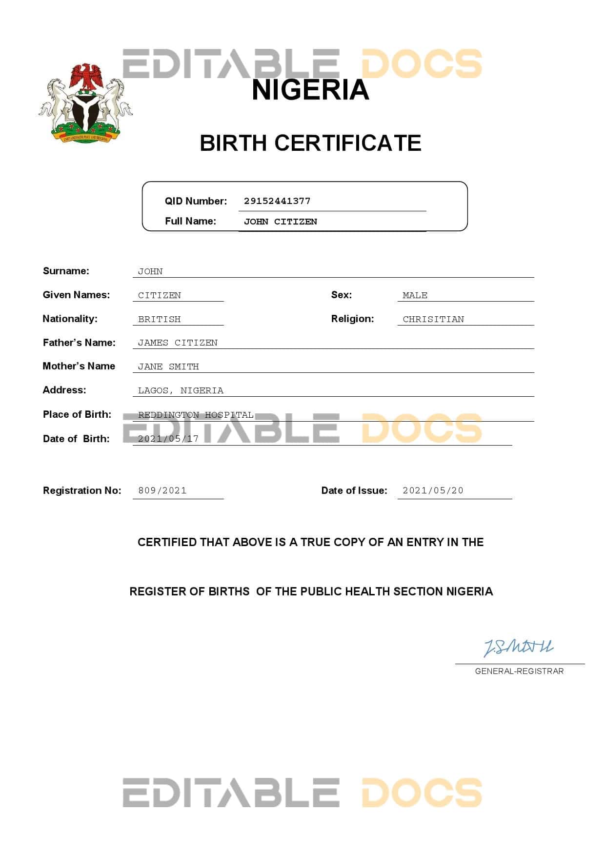 Authentic Nigeria Birth Certificate Template | Customize and Download Online