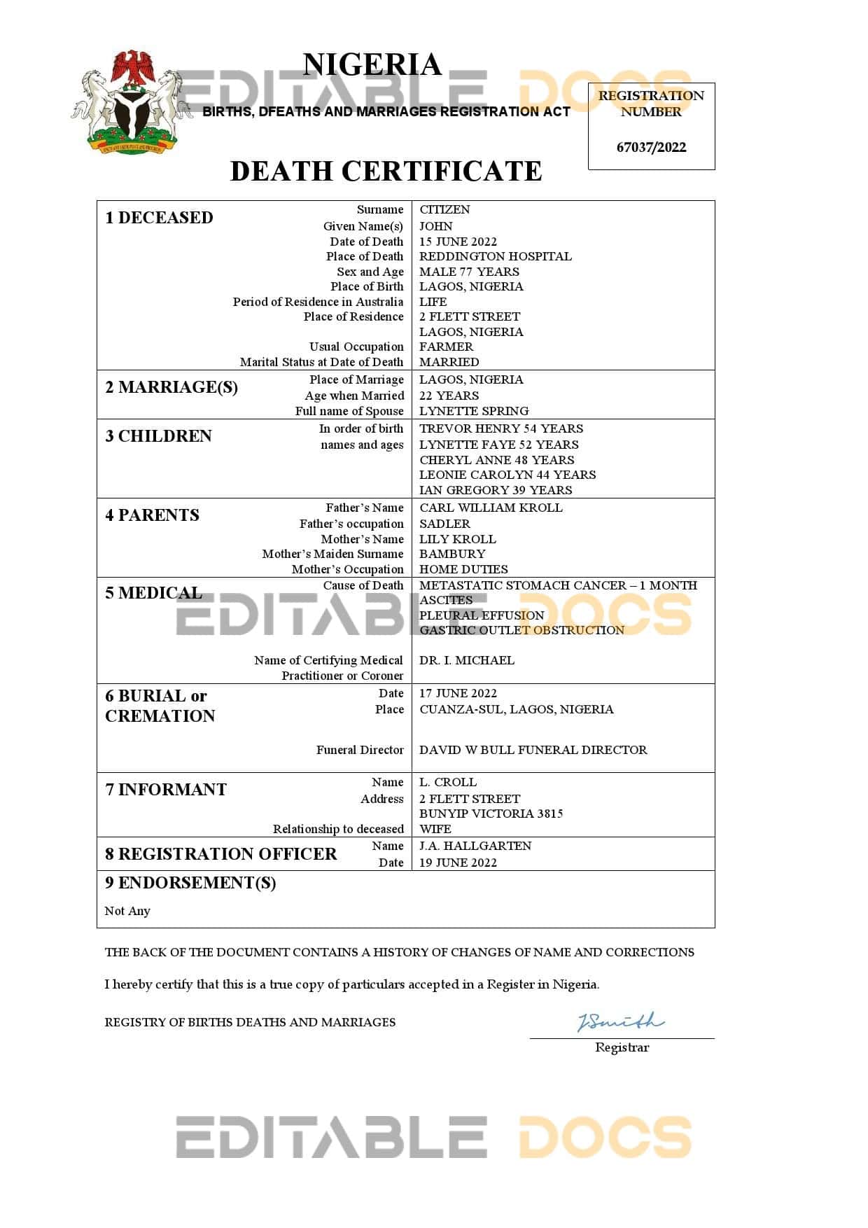Fillable Nigeria Death PDF Templates | Blank Docs