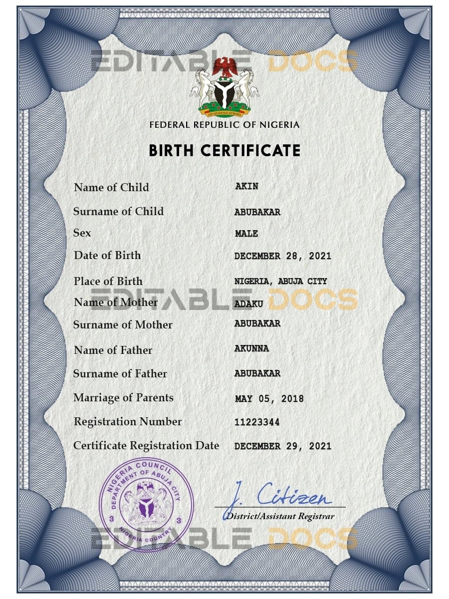 Authentic Nigeria Birth Certificate Template | Customize and Download Online