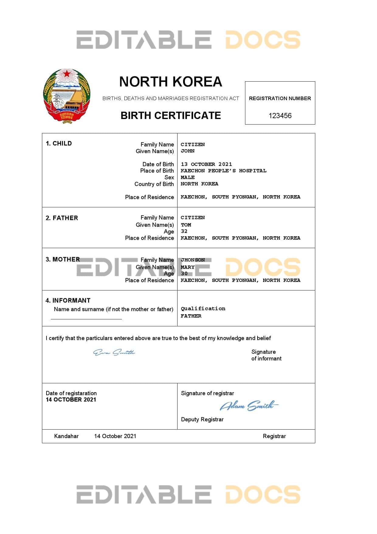 Authentic North Korea Birth Certificate Template | Customize and Download Online