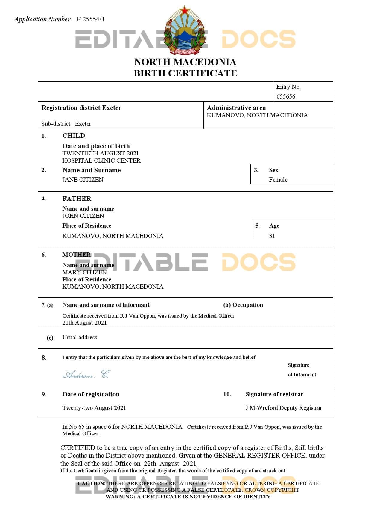 Authentic North Macedonia vital record Birth Certificate Template | Customize and Download Online