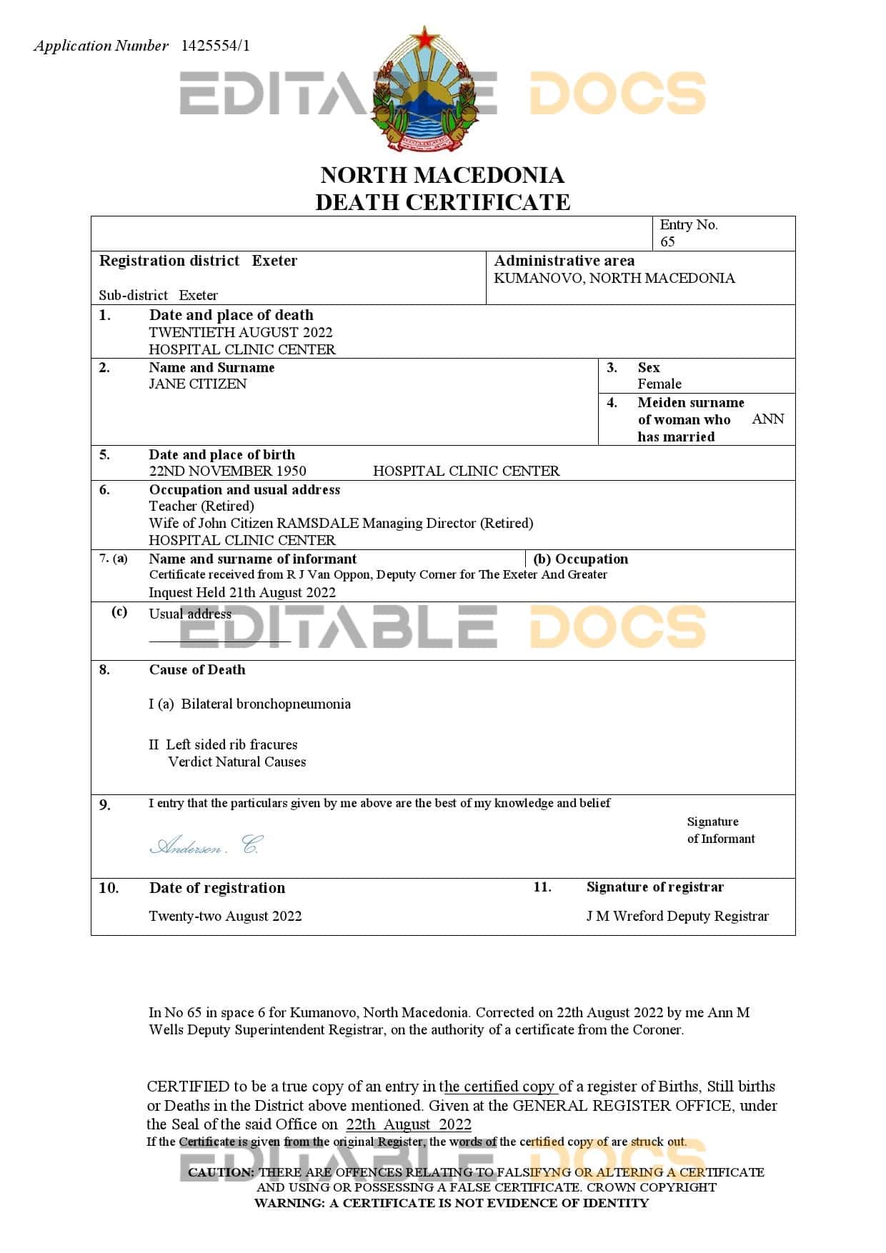 Fillable North Macedonia Death PDF Templates | Blank Docs