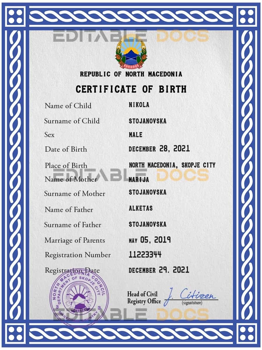 Authentic North Macedonia Birth Certificate Template | Customize and Download Online