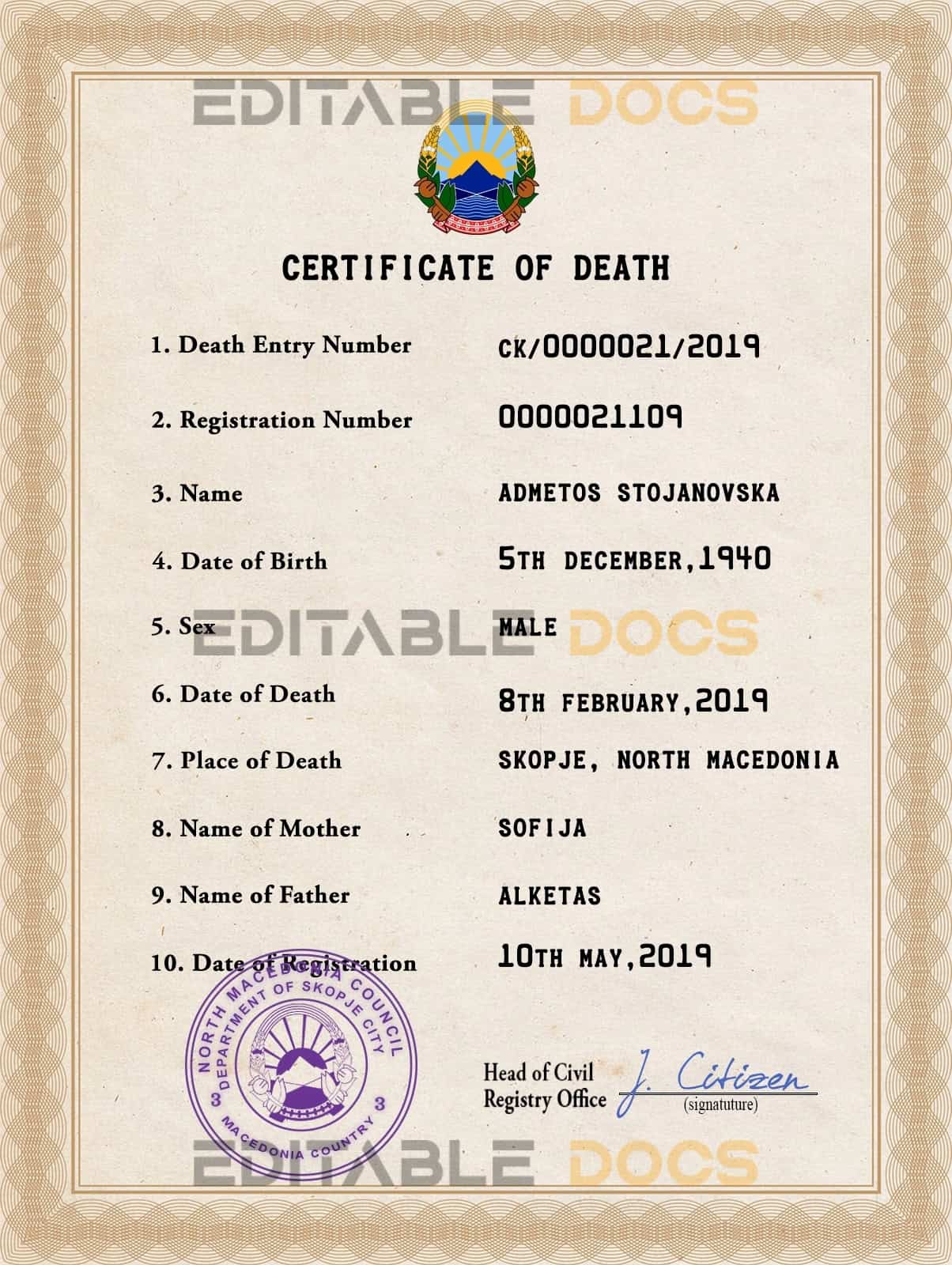 Customizable North Macedonia Death Certificate PSD Templates | Instant Download