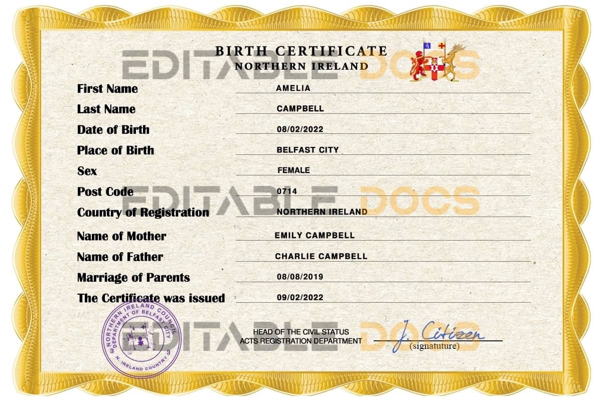 Authentic Northern Ireland Birth Certificate Template | Customize and Download Online