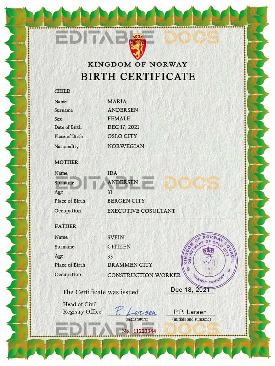 Authentic Norway Birth Certificate Template | Customize and Download Online