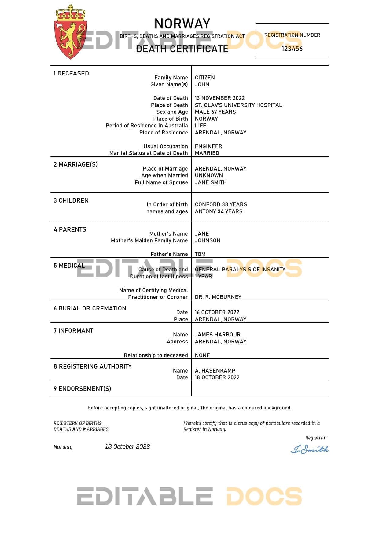 Fillable Norway Death PDF Templates | Blank Docs