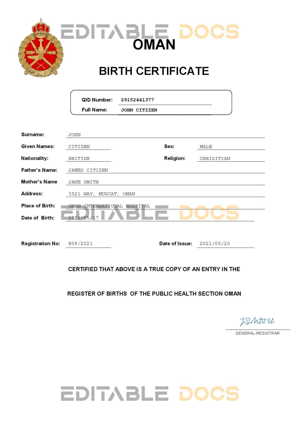 Authentic Oman Birth Certificate Template | Customize and Download Online