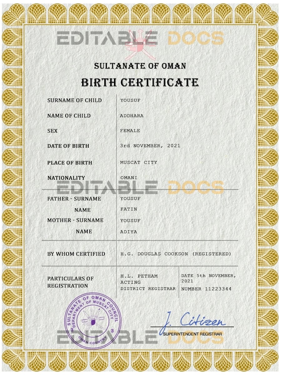 Authentic Oman Birth Certificate Template | Customize and Download Online