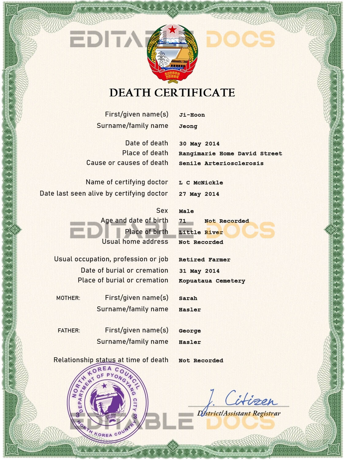 Customizable North Korea Death Certificate PSD Templates | Instant Download