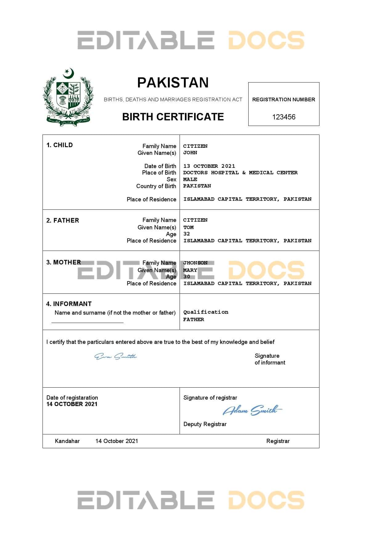 Authentic Pakistan Birth Certificate Template | Customize and Download Online