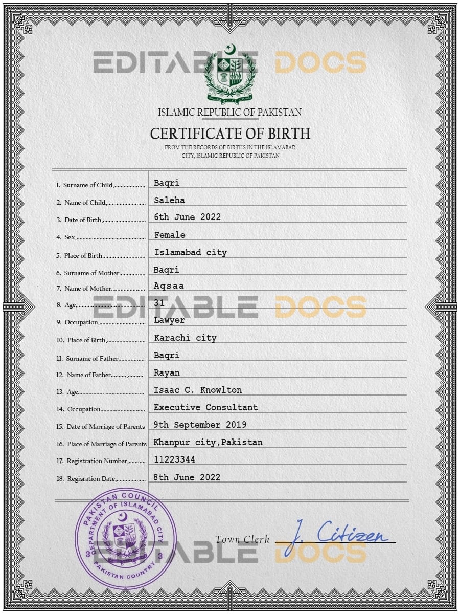 Authentic Pakistan Birth Certificate Template | Customize and Download Online
