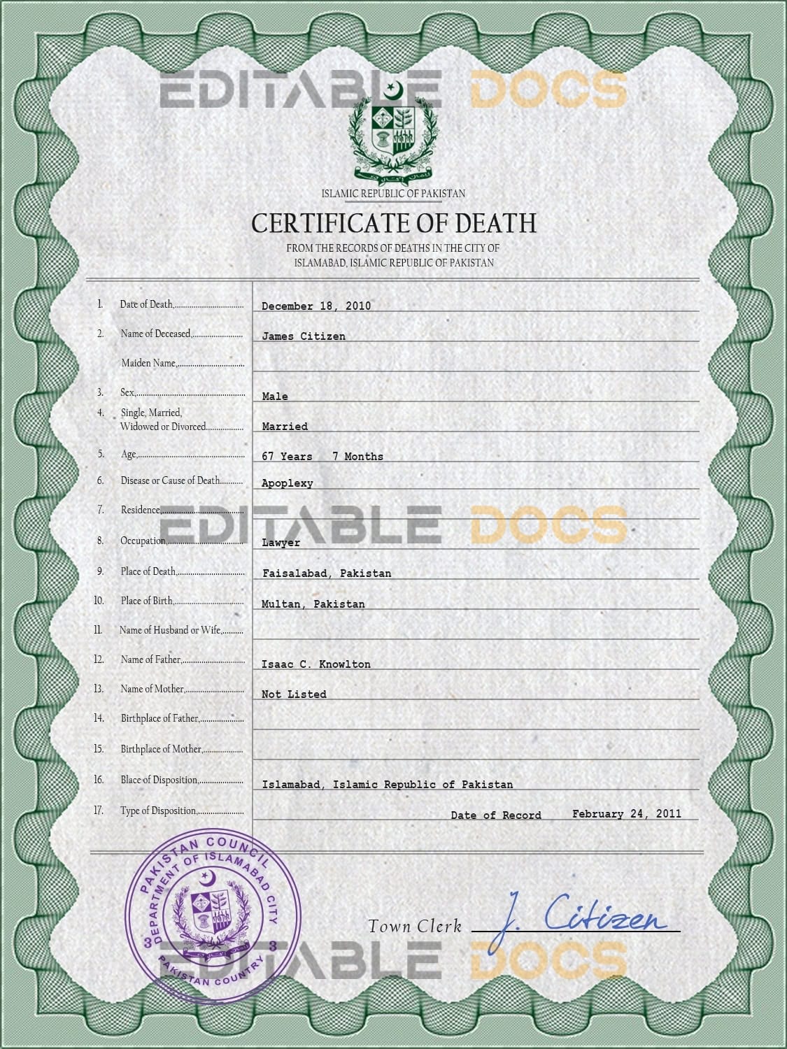 Customizable Pakistan Death Certificate PSD Templates | Instant Download