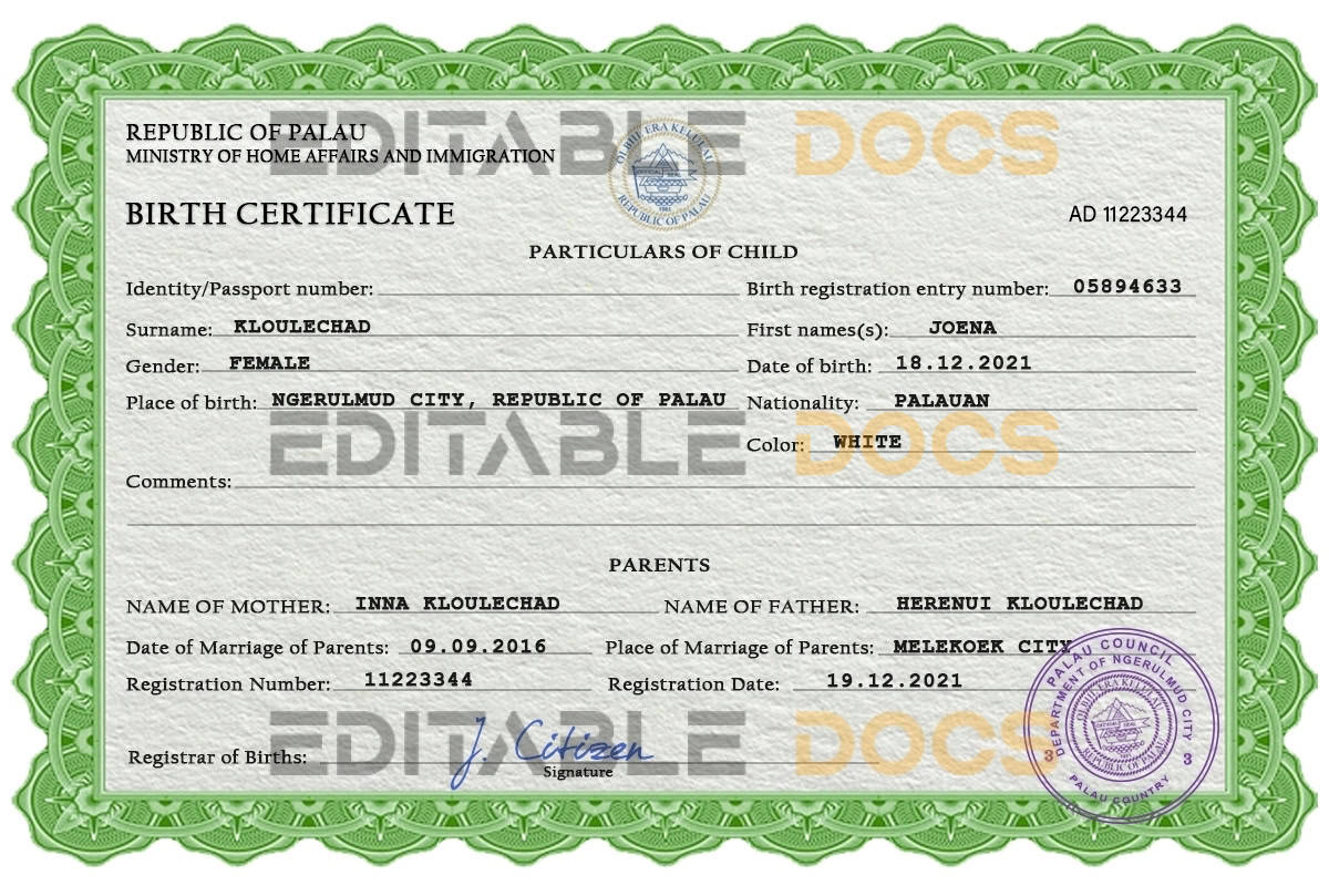 Authentic Palau Birth Certificate Template | Customize and Download Online