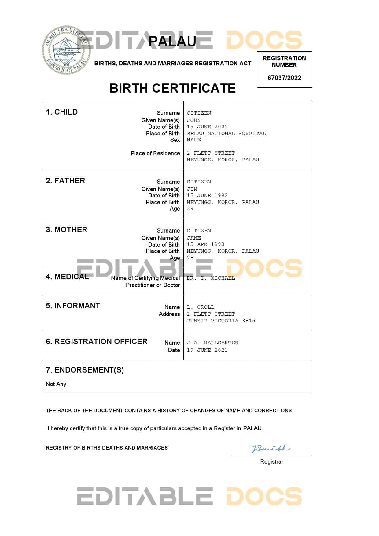 Authentic Palau Birth Certificate Template | Customize and Download Online
