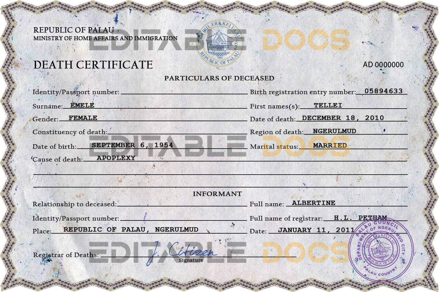 Customizable Palau Death Certificate PSD Templates | Instant Download
