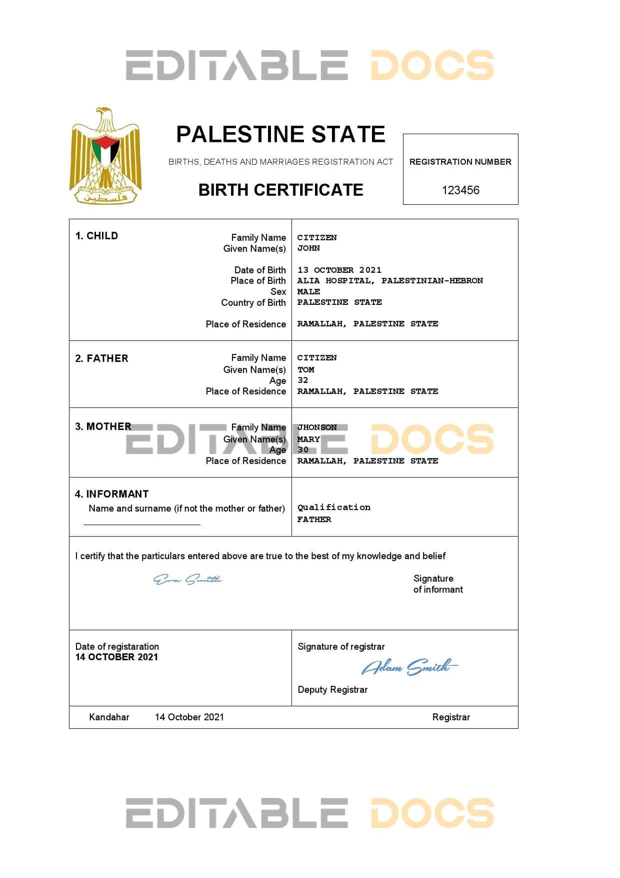 Authentic Palestine Birth Certificate Template | Customize and Download Online