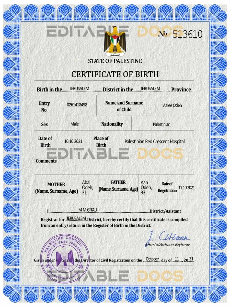 Authentic Palestine Birth Certificate Template | Customize and Download Online