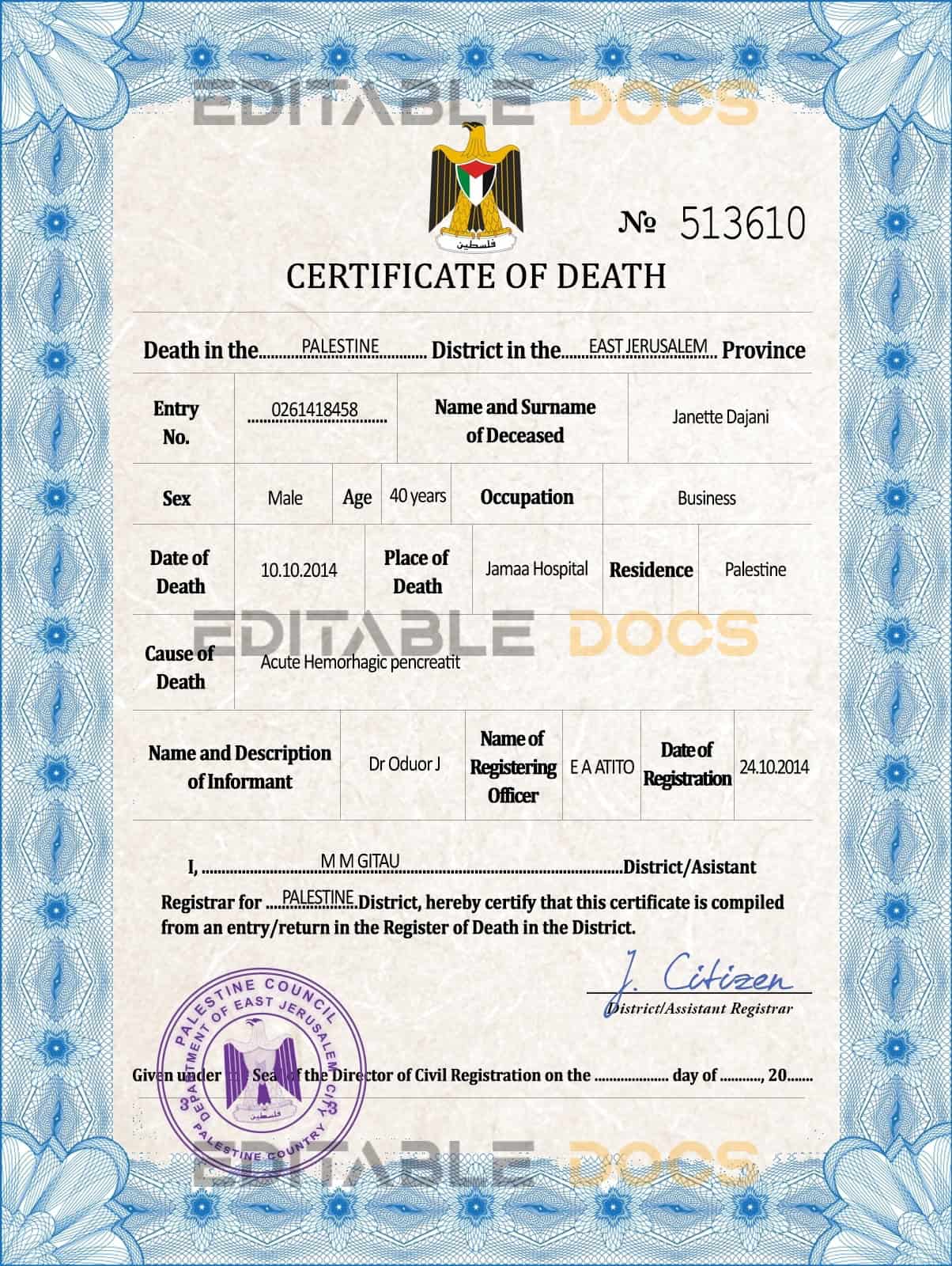 Customizable Palestine Death Certificate PSD Templates | Instant Download