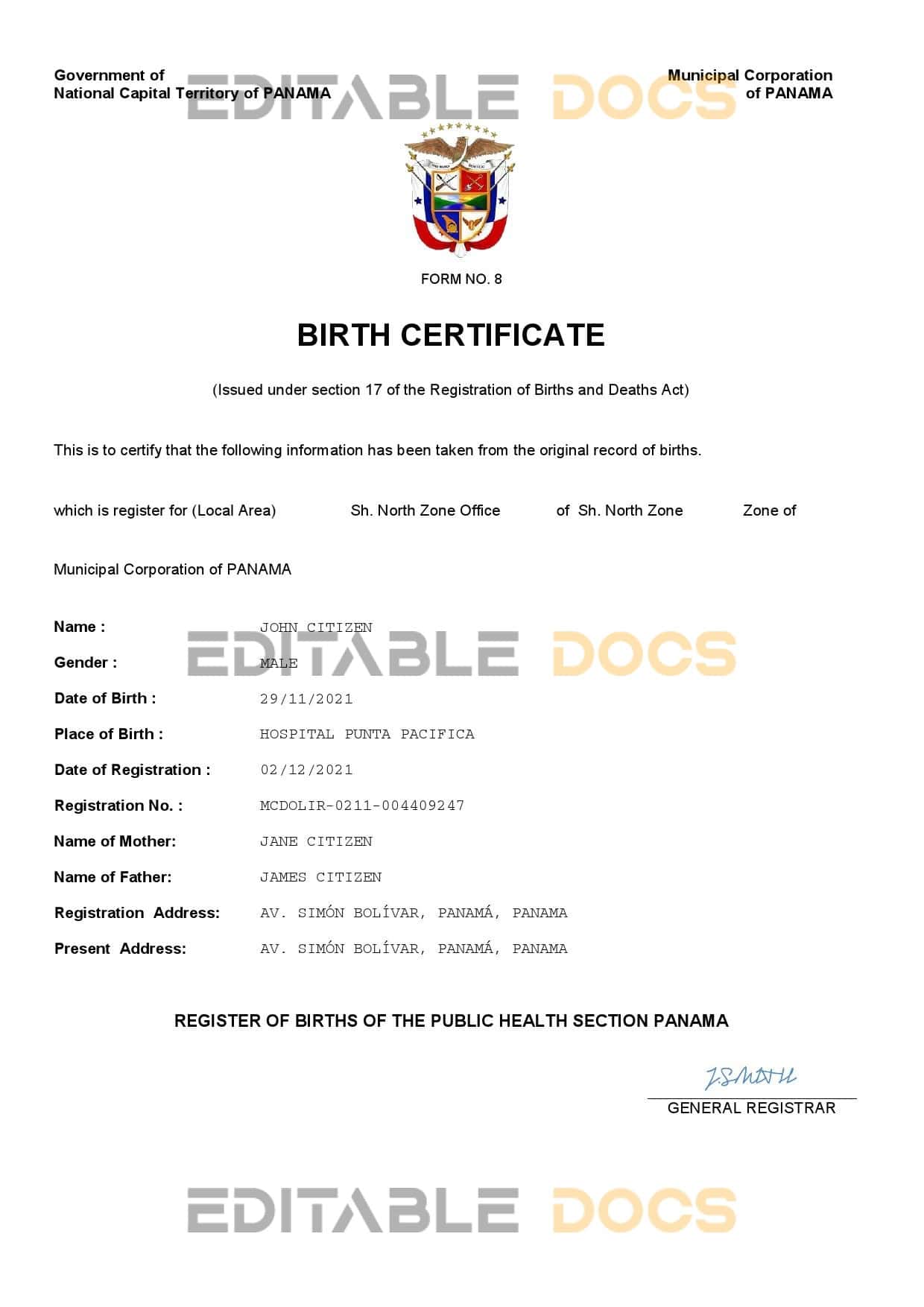 Authentic Panama Birth Certificate Template | Customize and Download Online