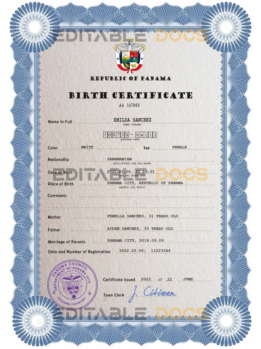 Authentic Panama Birth Certificate Template | Customize and Download Online